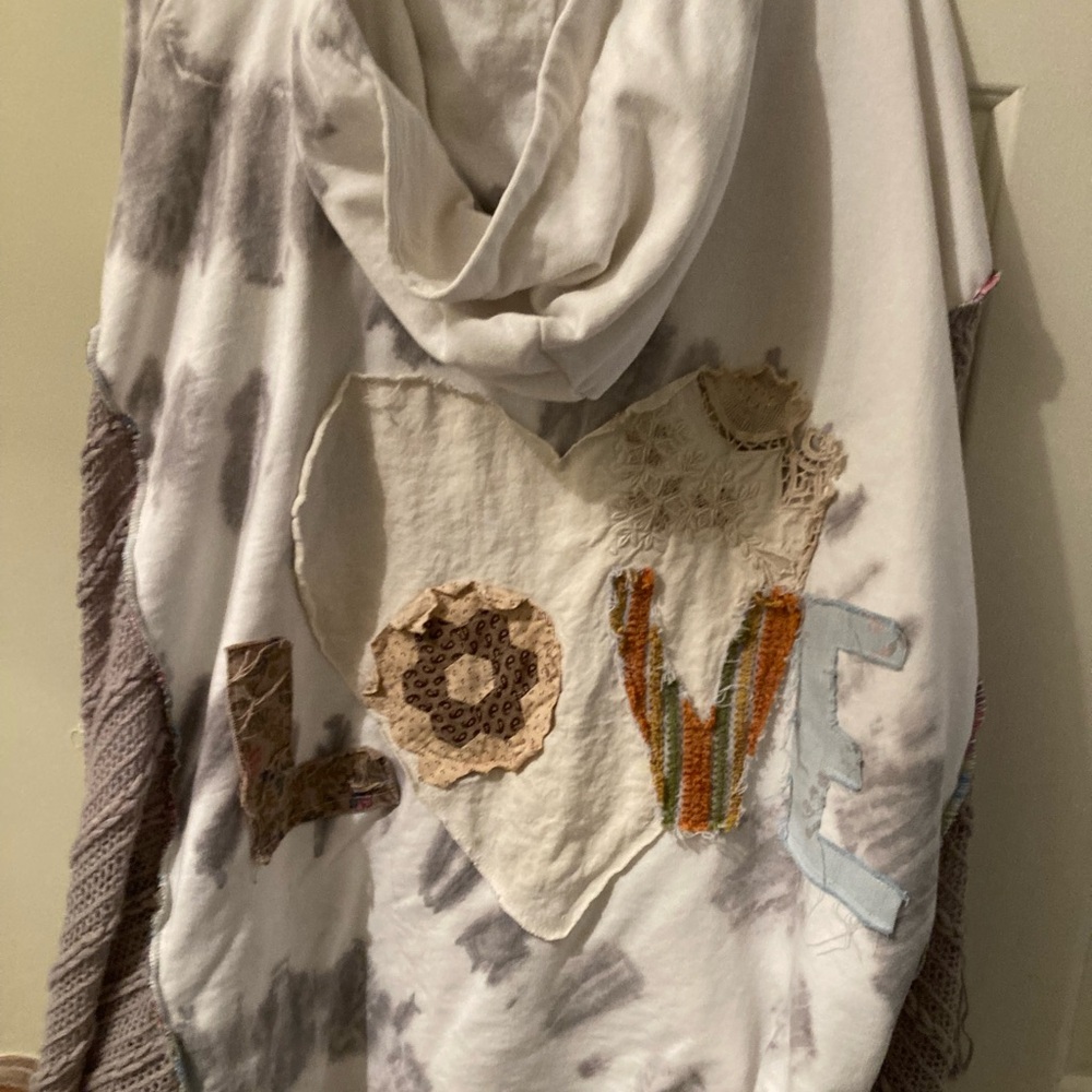 Upcycled one of a kind Cozy Cream and Gray Women's Hoodie with LOVE patches